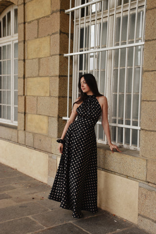 Robe Olympe longue noire à pois
