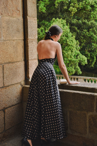 Robe Olympe longue noire à pois